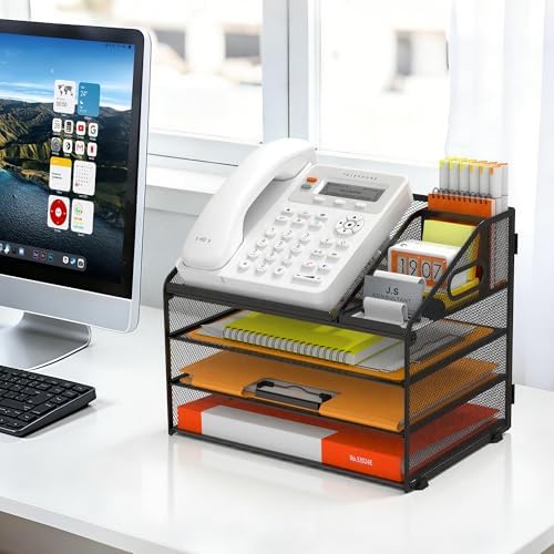 DocNest 4 Tier Metal Mesh Desk File Organizer with Phone Shelf, Black - Image 6