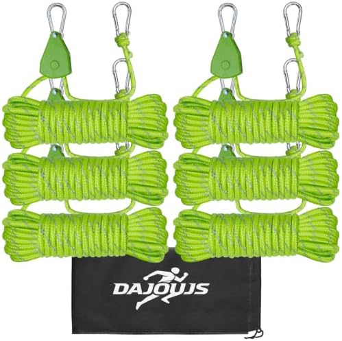 6Pack 4mm Reflective Guy Lines, Heavy‑Duty Tent Rope Tie Down Rope Line, Ultralight Camping Rope with Ratchet Pulley & 2 Metal Buckles, Aluminum Adjuster for Tarp Canopy Kayak Outdoor Camping, 13ft by DAJOUJS