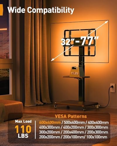 Perlegear Rolling TV Stand for 32”-77”TVs with LED Lights and Power Outlet - Image 2