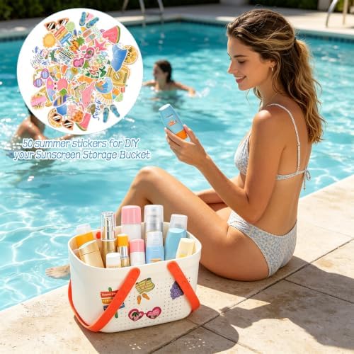 2 Pack Sunscreen Pool Storage Buckets - 9.4" x 6.7" x 5.9" Plastic Summer Beach Basket Poolside Box Container with Handle and DIY Stickers for Sunblock Sunglasses Towels Accessories - Image 4
