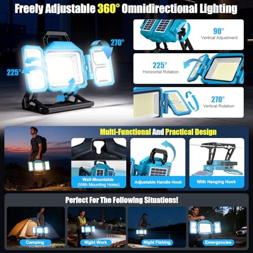 600W Solar 52000MAh Rechargeable Work Light, 52000 Lumen Foldable LED Work Lights with 3 Modes,Stand 360° Rotatable,IP66 Waterproof Portable Cordless Job Site Lighting for Construction Site, Workshop - Image 6