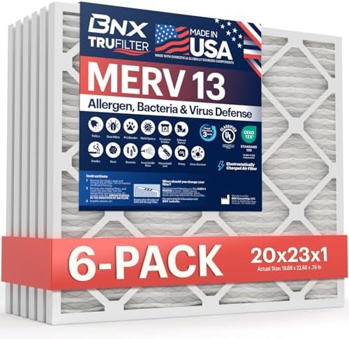 BNX TruFilter 20x23x1 Air Filter MERV 13 (6-Pack) - MADE IN USA - Electrostatic Pleated Air Conditioner HVAC AC Furnace Filters for Allergies, Pollen, Mold, Bacteria, Smoke, Allergen, MPR 1900 FPR 10 by BNX