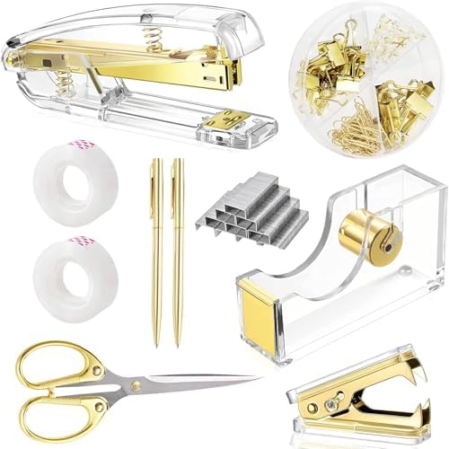 suniya Office Supplies Gold Desk Accessories Set Office Supplies Kit with Stapler, Tape Dispenser, Scissors, Staple Remover, Ballpoint Pen, Clear Tape & Staples – Best Gift for Business or Boss by suniya