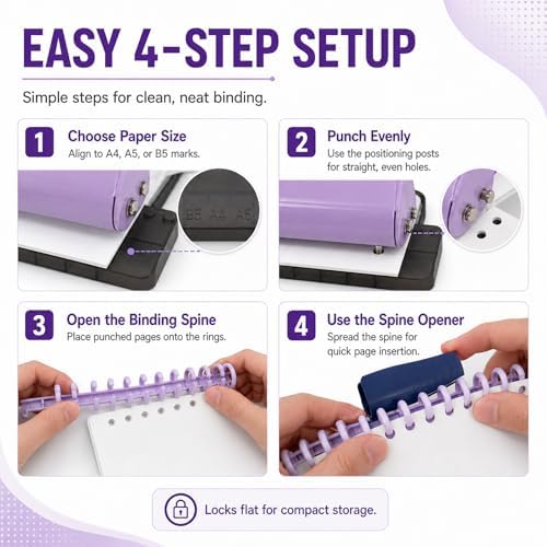 10 Hole Punch Binding Machine Kit for Planner (Purple) with 10 Multi-Color Spiral Coils, Adjustable A4 A5 B5 Paper Puncher, DIY Notebook Scrapbook Maker for Home Office School Organization - Image 6