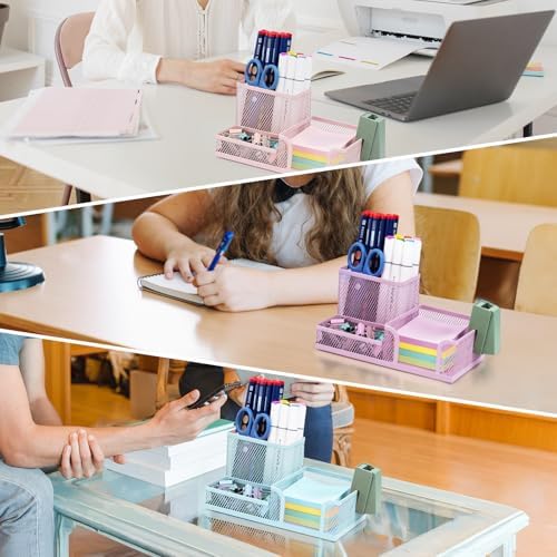 M&G Mesh Pen Holder Desk Organizers Pencil Holder for Desk Purple, 3 Compartments Metal Office Supply Organizer with Sticky Notes Holder for Home Office - Image 6