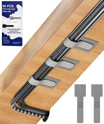 80PCS Hook and Loop Cable Ties, Under Desk Cable Management, Adhesive Cable Straps, Cord Management Hider Idea, Cord Organizer for Desk, Computer Accessories, Home Office Organization, Gray by BTPIEL
