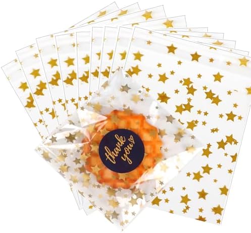COQOFA 100 Pcs Star Printed Sealable Gift Wrap Cello Cellophane Bags Self sealing Adhensive Treat Bags Party Favor bags (4x4inch, Gold) by COQOFA