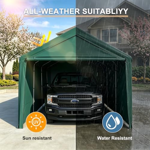Carport 10x20 Ft Heavy Duty Canopy Steel Canopy Storage Shed,Portable Party Tent,Portable Garage with Removable Sidewalls & Doors All-Season Tarp for Carport Green - Image 5