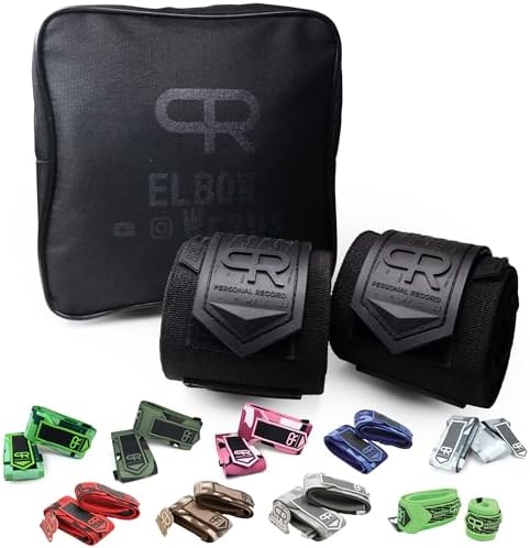 PR Personal Record Elbow Wraps for Weightlifting - Heavy Duty Construction, 25% More Elasticity, Reinforced Stitching, Extra Wide Fastener, Easy to Adjust, All Black by PRPersonalRecord