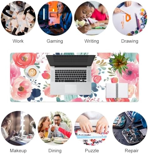 Faux Leather Large Mouse Pad, Office Desk Mat, 31.5"x11.8", Pink Floral - Image 6