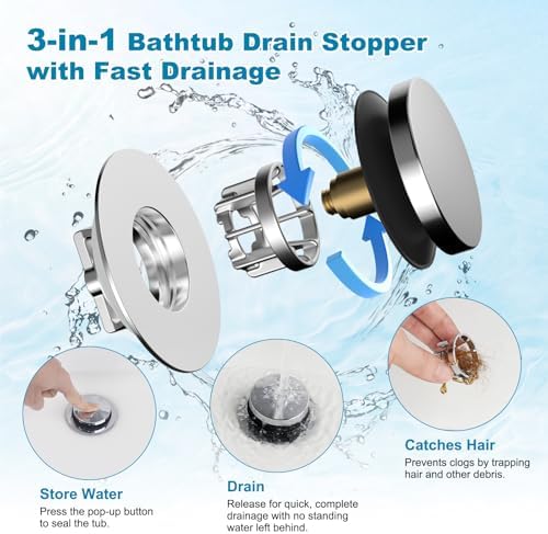 Hibbent 2 Pack 3 in 1 Metal Bathtub Drain Stopper, Bathtub Hair Catcher - Image 2