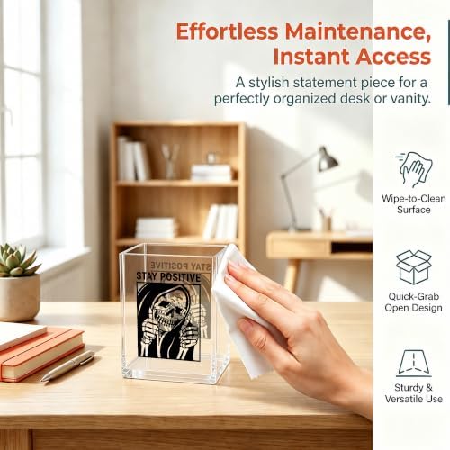 Funny Skeleton Office Acrylic Cosmetic Pen Pencil Holder Cup, Stay Positive Gothic Pencil Organizer, Horror Unique Desk Accessories, Motivational Halloween Gifts for Women Men（A52） - Image 4