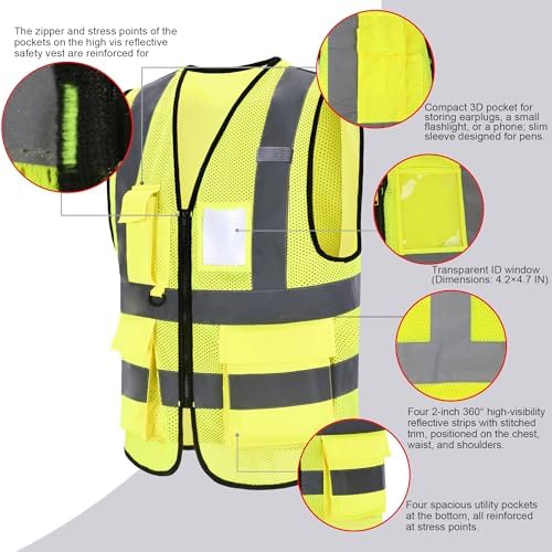 High Vis Safety Vest Reflective Strips, Multi-Pocket Design, Available in Yellow,Orange,black,Pink,blue,Red,purple - Image 2