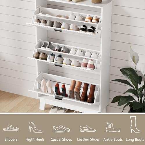 Shoe Cabinet Storage for Entryway with 3 Flip Drawers, Fluted Narrow Shoe Organizer with Wooden Legs, Freestanding Slim Shoe Storage Hidden Shoe Rack Organizer for Front Door Entrance, Hallway, White - Image 4