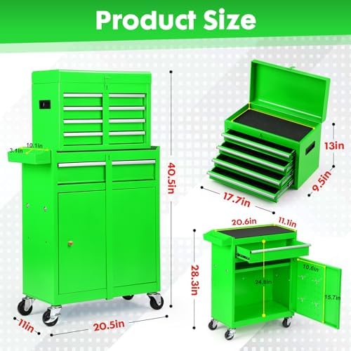 Dawmilon 5-Drawer Rolling Tool Chest, 2-in-1 Tool Box Organizer with Lockable Wheels, Sliding Drawers, and Detachable Top, Garage Workshop Tool Storage Cabinet, Green - Image 3
