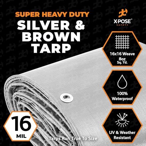 4' x 20' Super Heavy Duty 16 Mil Silver/Brown Poly Tarp Cover - Thick Waterproof, UV Resistant, Rip and Tear Proof Tarpaulin with Grommets and Reinforced Edges - by Xpose Safety - Image 3