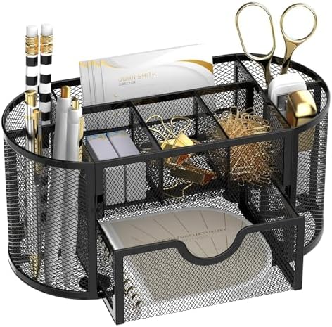 Mesh Desk Organizer with Drawer, 9-Compartment Pen Holder for Desk, Black by SUPEASY