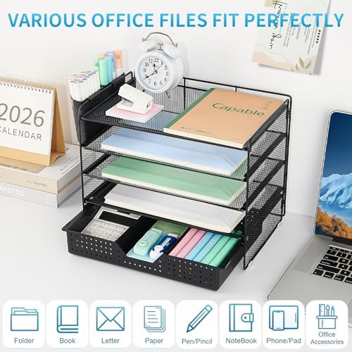 LEKETREE Desk Organizer and Accessories, 5-Tier Paper Letter Tray Organizer with Drawer & 2 Pen Holders for Desktop File Organization, Office Desk Accessories for Supplies Storage (Black) - Image 4