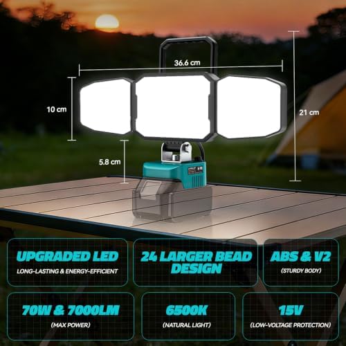 LED Work Light Compatible with MaKita 18V Battery, 150W 15000LM Flood Light, 6500K Daylight 3-Head Adjustable, USB Type-C&2 Brightness Modes Portable Flashlight Job Site Light (Tool Only) - Image 3