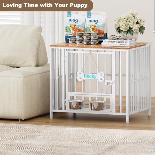 Easycom 27" Foldable Dog Crate Furniture, No Assembly, White & Beech - Image 6