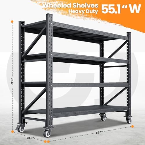 55.1” Wide Heavy Duty Metal Garage Shelving, Steel Shelf with Wheels - Image 3