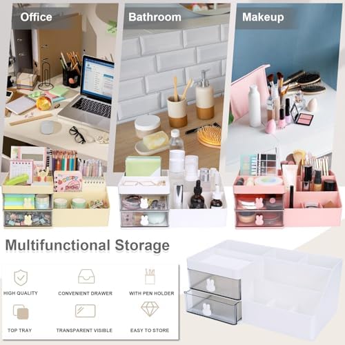 Meiikun Desk Organizer, Makeup Organizer with 2 Drawer, 7 Compartment & a Top Tray, Desktop Organizers and Storage for Women, Cute Home organization Bathroom, 11" x 5.7" x 4.7" (White) - Image 4