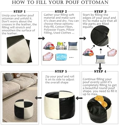 Thgonwid Unstuffed Faux Leather Pouf Cover, Handmade Footstool Ottoman Storage Solution, Floor Footrest Cushion - 16.5”Dx12”H, Black & White - Image 4