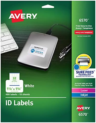 Avery ID Labels, Sure Feed Technology, Permanent Adhesive, 1.25" x 1.75", 480 Labels (6570) by Avery