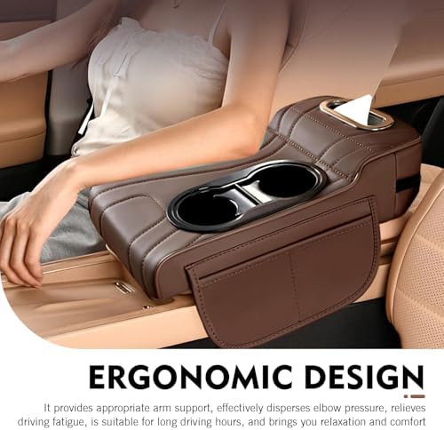 Car Armrest Box Mat, Multifunctional Soft Leather Center Console Height Enhancement Storage Armrest Decoration with Tissue Box, Cup Holder, Side Bags, Universal for Most Cars (Coffee) - Image 7