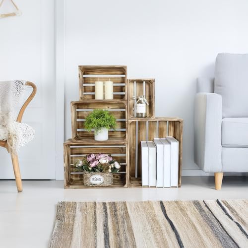 Set of 5 Large Wooden Crates, Nesting Storage Crate with Handles, Rustic Torched Brown Farmhouse Wooden Crates for Display, Wedding Birthday Home Party Living Room Kitchen Decoration - Image 6