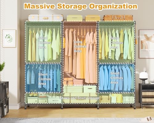 ULIFHOME E14 Pro Heavy Duty Clothes Rack，Freestanding Clothing Racks for Hanging Clothes，Adjustable Closet Organizers and Storage，Metal Garment Rack with Shelves 69"W x16"D x77"H，Max Load 960LBS，Grey - Image 3