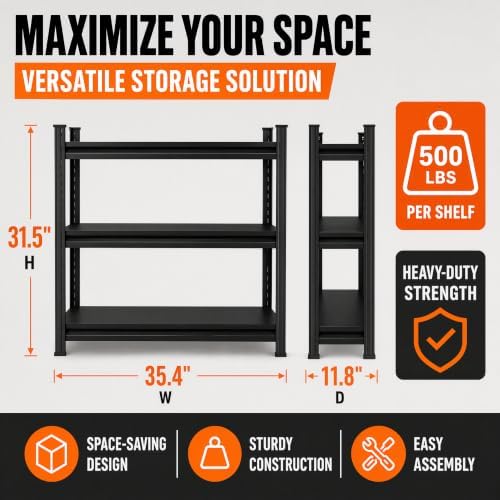 Metal Garage Shelving Unit, Heavy Duty Adjustable Storage Shelves, Steel Shelving, 1500 lbs Capacity Shelves for Heavy Tools and Equipment, 3 Tier, 35.4" W × 11.8" D × 31.5" H - Image 3
