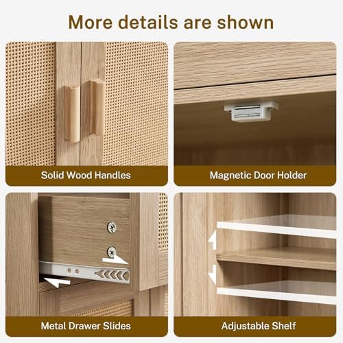 TEENFON 47.2" H Tall Storage Cabinet with Adjustable Shelf, Rattan Cabinet, Cupboard for Living Room, Dining Room, Entryway, Home Office, Natural - Image 7
