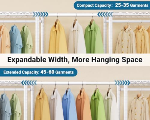 Clothing Rack for Hanging Clothes: Heavy Duty Clothes Rack, 71.5-91" W Expandable Large Closet Storage System with Shelves, 1280 lbs Freestanding Modular Wardrobe Organizer, White, 2PCS - Image 6