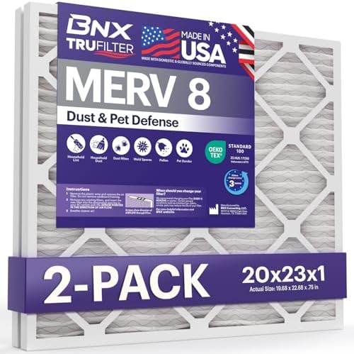 BNX TruFilter 20x23x1 Air Filter MERV 8 (2-Pack) - MADE IN USA – Dust & Pet Defense Electrostatic Pleated Air Conditioner HVAC AC Furnace Filters for Dust, Pet, Mold, Pollen MPR 600 – 700 & FPR 5 by BNX