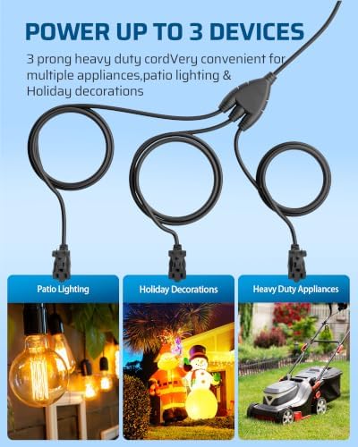DEWENWILS 40FT (22'+6'*3) Outdoor Extension Cord 1 to 3 Splitter, Black - Image 2