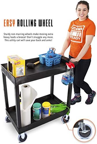 Stand Steady Tubstr 2 Shelf Utility Cart Supports Up to 250 lbs - Heavy-Duty Plastic Service Push Cart with Deep Shelves and 5" Casters, for Offices, Warehouse Storage, Garage (Black, 32 x 18 x 51) - Image 3