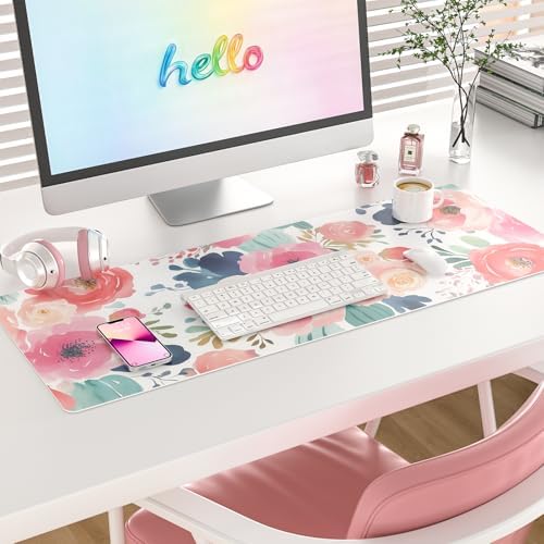 Faux Leather Large Mouse Pad, Office Desk Mat, 31.5"x11.8", Pink Floral - Image 2