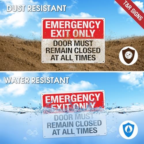 T&R Large Emergency Exit Only Sign Door Must Remain Closed At All Times - 2 Pack - 14 x 10 Inches Rust Free .040 Aluminum Reflective - UV Protected, Waterproof, Weatherproof and Fade Resistant - 6 Pre-drilled Holes - Image 4