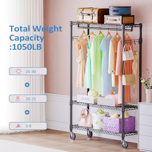 IZEUK Heavy Duty Rolling Garment Rack Wire Clothes Rack for Hanging Clothes (Black, 3 Tier with 1 Rod, 15.7" D x 45.3" W x 75.6" H) - Image 2