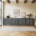 BELLEZE Set of 2 65" Sideboard Cabinet with Double-Arc Wood Doors, Large Buffet Cabinet with Storage and Adjustable Shelves, Classic Modern Console Sideboard for Living Room Kitchen Entryway (Ebony) by BELLEZE