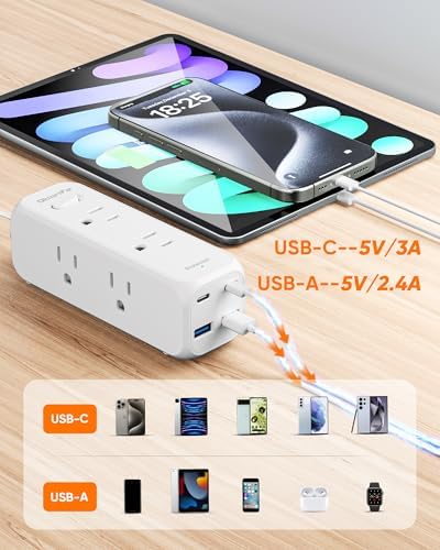 Olcorife Flat Plug Power Strip with 3 FT Extension Cord, 6 Outlets 4 USB Ports(2 USB C), 3 Sided Outlet Extender for Home Office Travel Dorm Room Essentials, White - Image 6