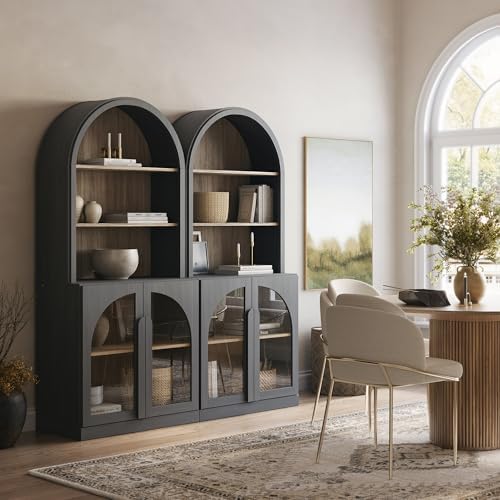 BELLEZE Arched Bookshelf with Glass Doors Set of 2, 71" Tall Wood Display Cabinet with Adjustable Shelf and Hutch, 5 Tier Modern Bookcase Shelf with Storage for Living Room Office, Ebony - Image 5