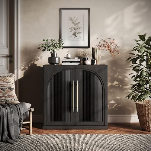 BELLEZE 3 Tier Bookshelf with Double-Arc Door, Modern Bookcase Shelf with Storage and Adjustable Shelves, Arched Buffet Wood Bookshelves for Living Room Office Entryway (Ebony) by BELLEZE