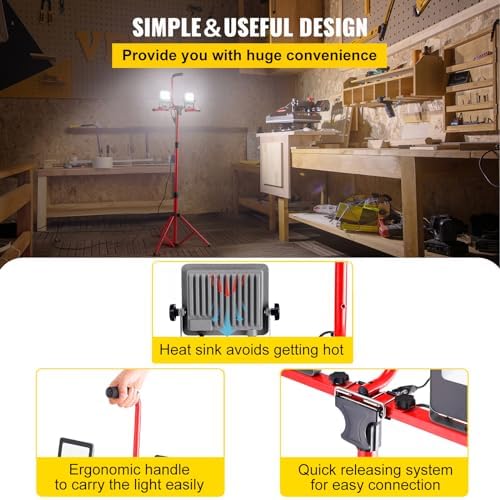 VEVOR LED Work Light with Stand, 5000 Lumen Dual-Head LED Work Light with 27.6"-68.1" Adjustable and Foldable Tripod Stand, IP65 Waterproofed LED Tripod Work Light, with 5000 Kelvin Color Temperature - Image 6