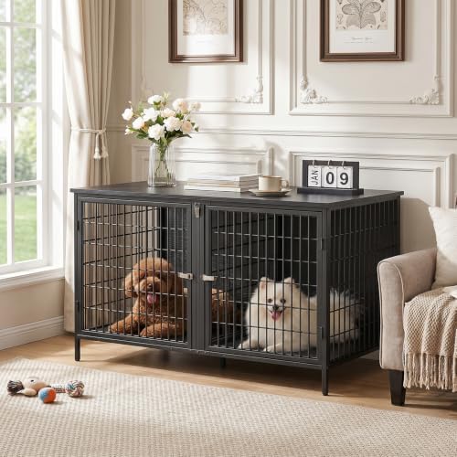 MAHANCRIS Dog Crate Furniture for 2 Dogs, 43.3" Dog Kennel with Removable Divider, Heavy Sturdy Dog Furniture Style Double Cage for Small Medium Dog, Indoor Pet House End Table, Black DCBK1201 by MAHANCRIS