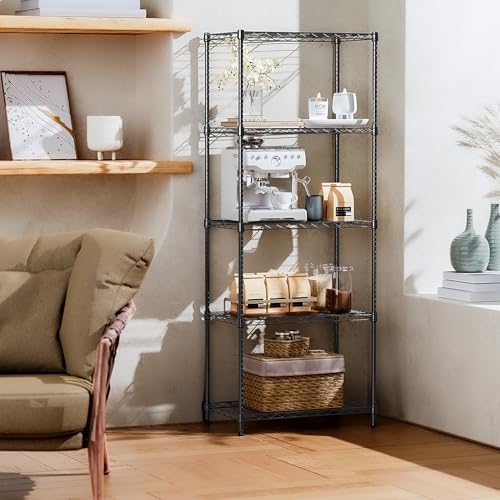 IZEUK 5-Tier Black Metal Storage Shelves, Adjustable Wire Shelving Unit for Kitchen, Bathroom, Pantry, Office, Garage, Organizer Wire Rack, 1250 lbs, 13.7" D x 23.6" W x 63" H - Image 2