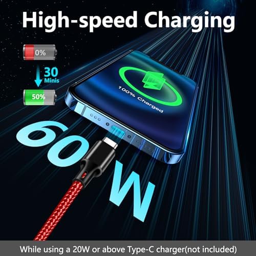 cugunu 60W USB C to USB C Cable, 3 Pack 10ft Type C Fast Charger Cord (Red) - Image 2