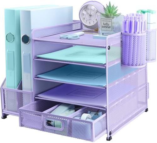 Desk Organiser with 2 Pack Magazine File Holder, 5-Tier Paper Tray Organiser with Drawer and 2 Pen Holder, Letter Tray Multifunctional for Office, School, Home - Purple by ideallife