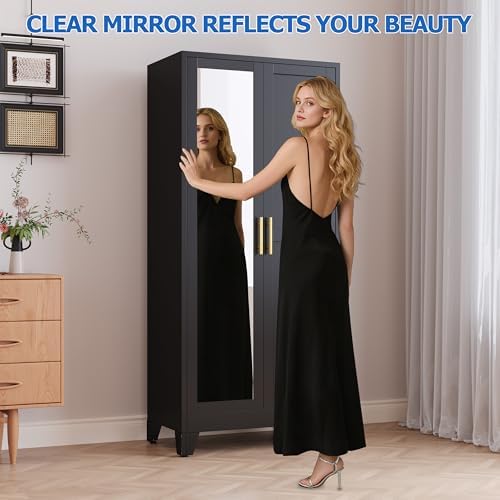 GAIOUS Metal Wardrobe Cabinet with Mirror and Hanging Rod, 71" Black - Image 3